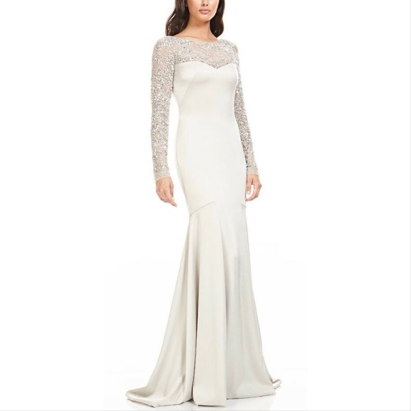 Theia Embellished Long Sleeve Satin Gown